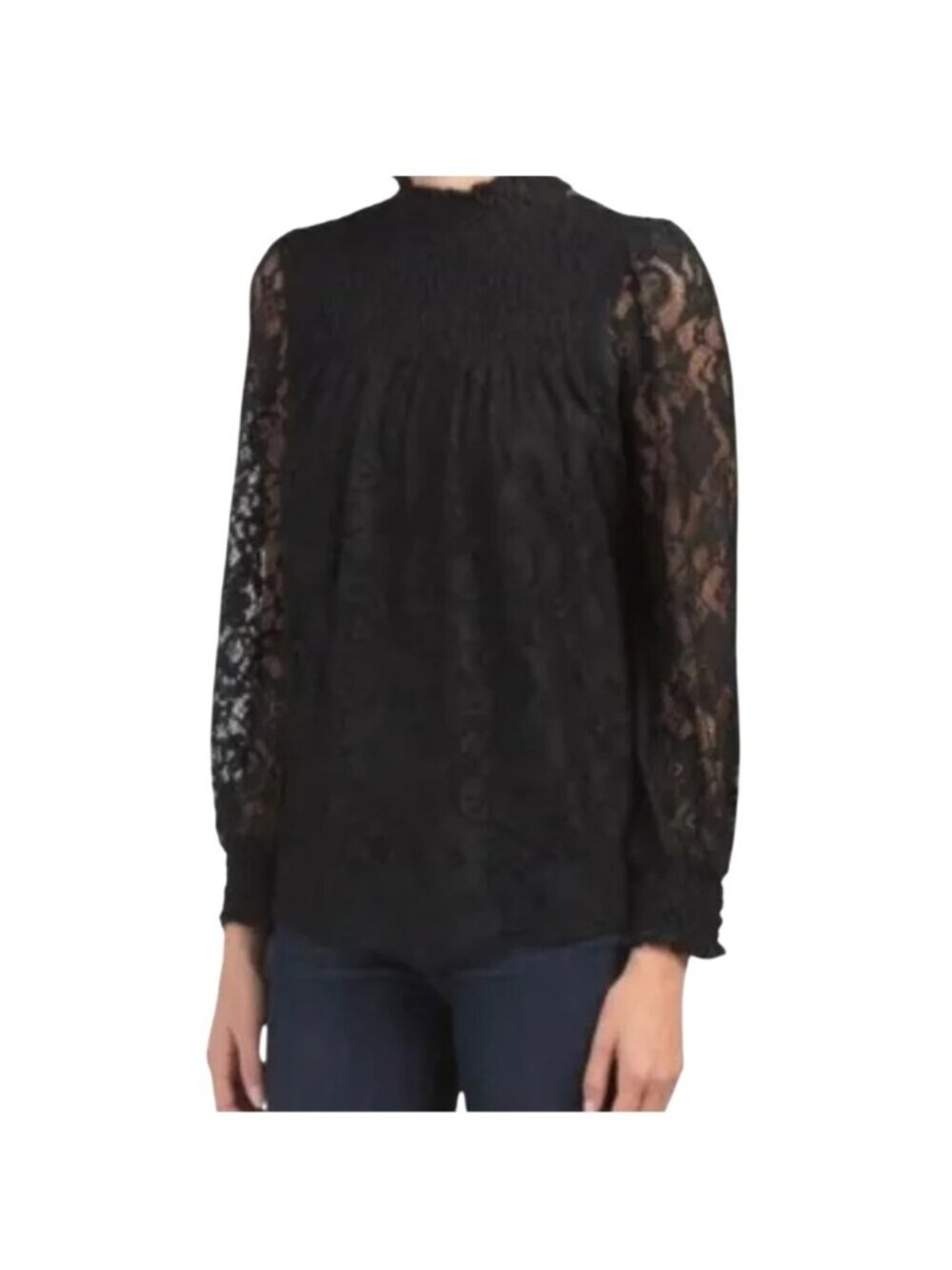 Cable & Gauge Blouse Medium Floral Lace Smocked High Neck Black Whimsigoth